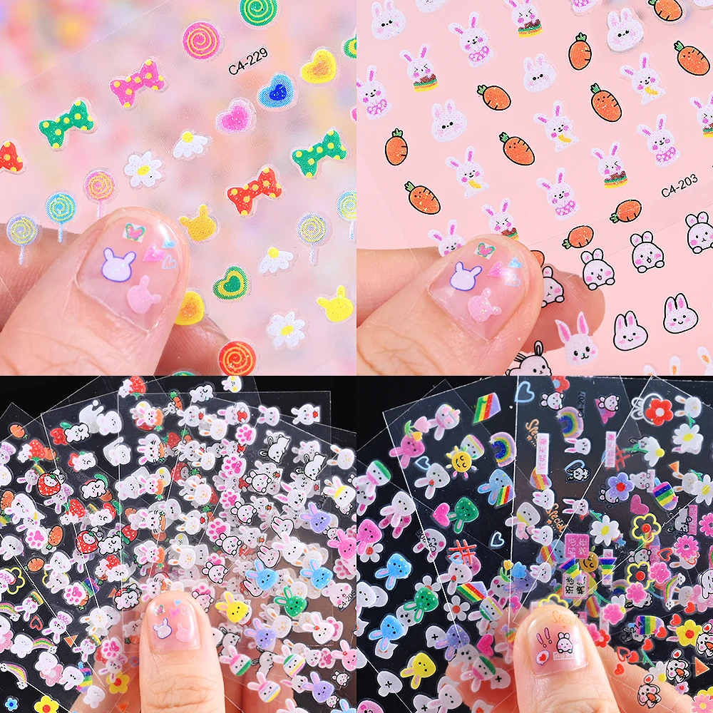 30 Stück Kawaii 3D Glitzer Nagelaufkleber Regenbogen Kaninchen Cartoon Design für Nagelaufkleber Zubehör Schöne NAGEL Aufkleber Drücken Sie auf die Nägel – Detail 10