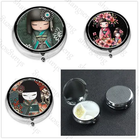 Japanese Red Sakura Kokeshi Doll Portable Pill Box Wallet Decorative Metal Vitamin Travel Wallet Pocket Small Travel Pill Box