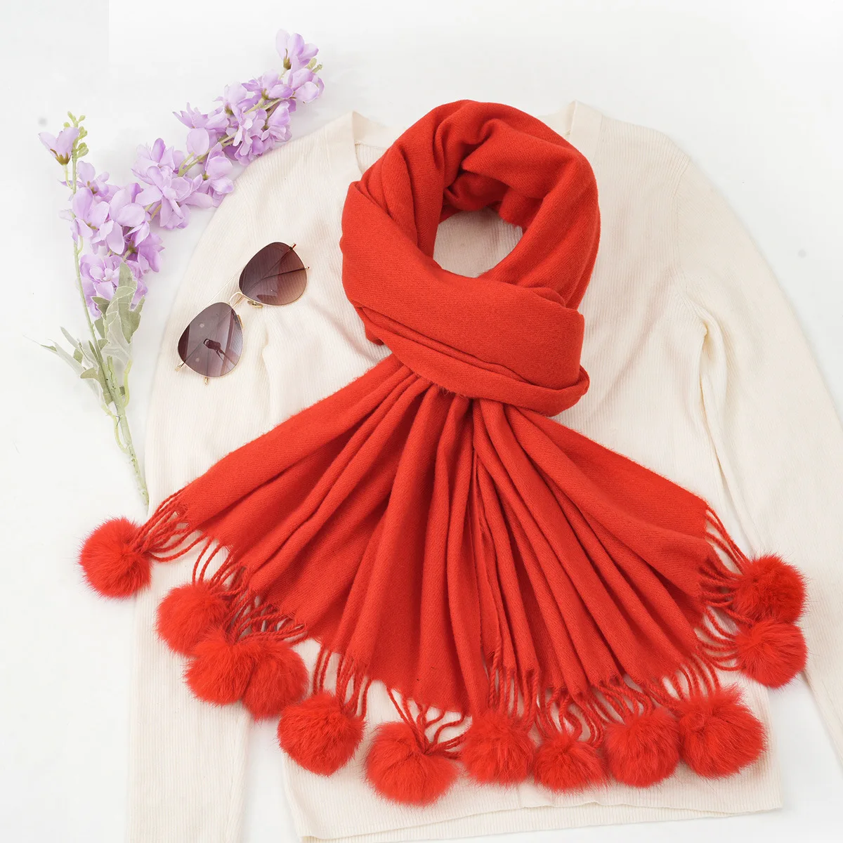 Women's new imitation cashmere scarf winter thickened warm and soft Pashmina shawl women's solid color hanging beard ball scarf