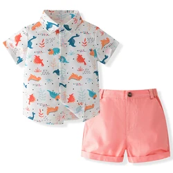 2Piece 2023 Boys Summer Sets Clothing Casual Fashion Cartoon Print Cotton Short Sleeve Baby Tops+Shorts Korean Clothes BC616