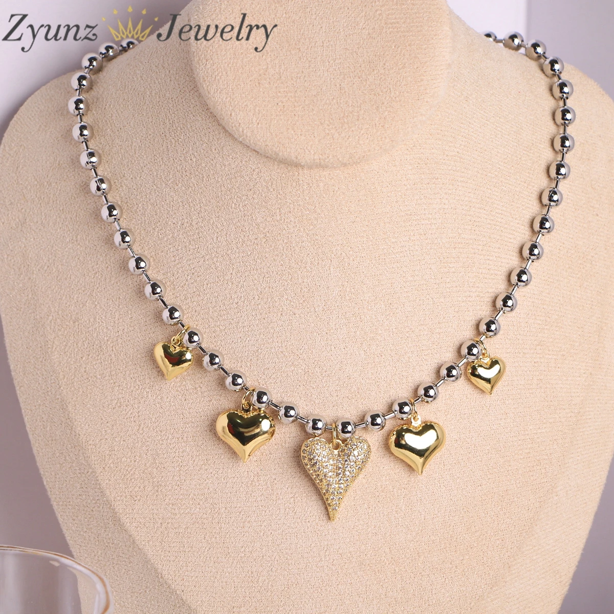 

3PCS, Heart Charm Chunky Ball Chain Choker Necklace For Women Bead Chain Necklace Zircon Jewelry