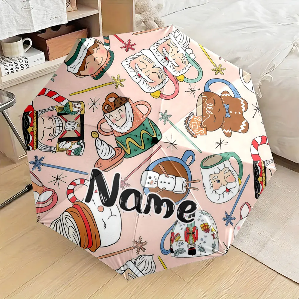 Custom Name Umbrella, Christmas Cartoon Mug and Gingerbread Pattern Umbrella Folding Umbrella for Sunny and Rainy,Gift