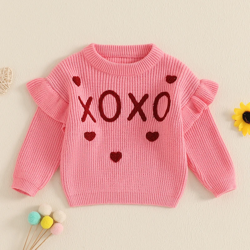 Toddler Girl Fall Sweater Letter Heart Pattern Long Sleeve Crew Neck Ruffled Chunky Knitwear