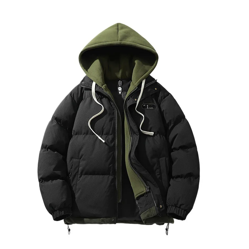 

Winter New Men's Korean Version Thickened Warm Fake Two-Piece Hooded Couple Versatile Cotton Jacket Coat