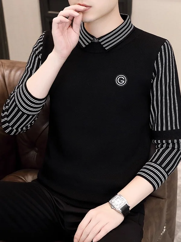 

Мужской повседневный вязаный свитер с воротником-поло, длинными рукавами, в полоску, с эффектом двухслойности, осенний, модный, для отдыха, пуловер