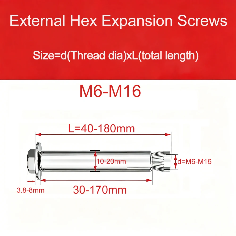 

External Hexagon Expansion Screws 304 Stainless Steel Heavy Duty Hex Bolt Anchors M6 M8 M10 M12 M16 Fasteners For Concrete Wall