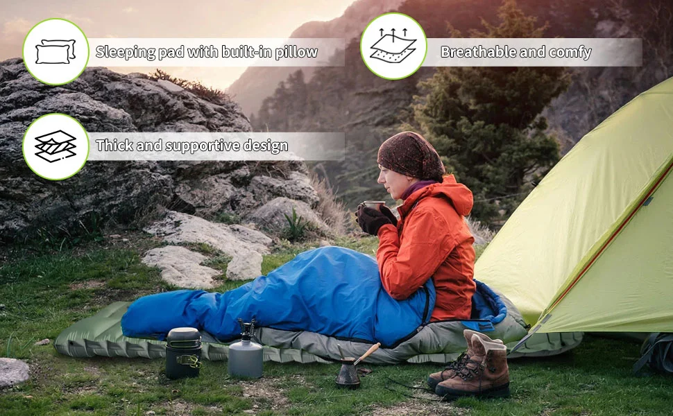 Ultraleichte, extra dicke 4-Zoll-Camping-Isomatte mit integriertem Kissen und Fußpumpe, aufblasbare Isomatte für Camping im Freien – Detail 1