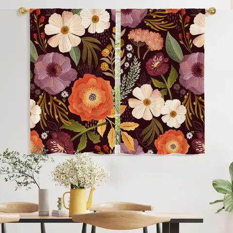 Boho Flower Kitchen Curtains Length for Small Window Treatments, Purple Bohemia Rod Pocket Tier Curtains Short Bathroom Curtain