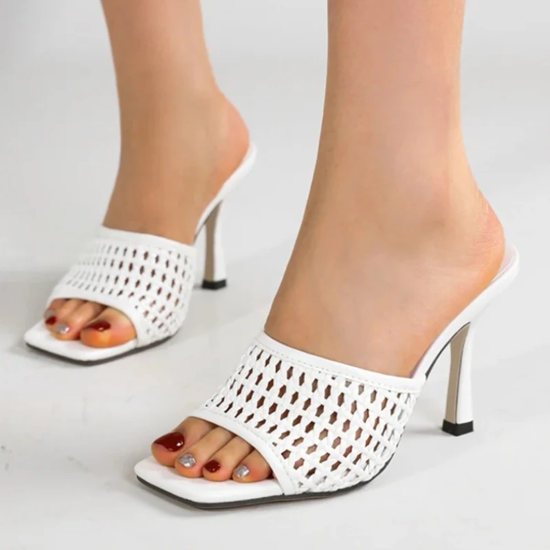 Comfort Concise Woven Design Brand Slippers Women Fashion Mesh Square Toe Slide Sandals Summer Sexy Open Toe High Heel Sandals