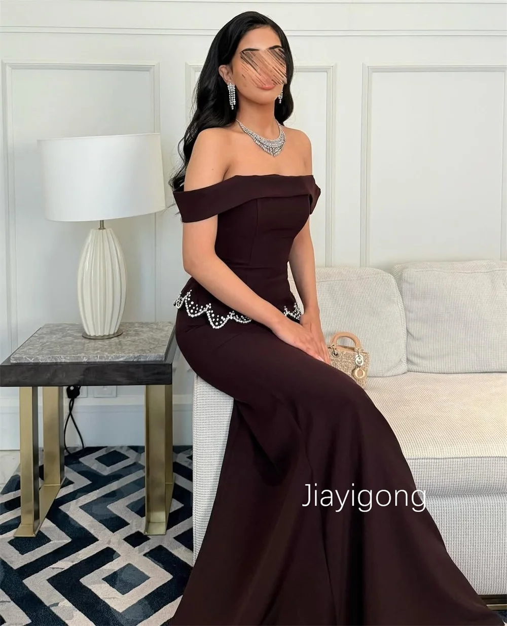 Customized Simple Jersey Pleat Sequined Trumpet Off-the-shoulder Long Bespoke Occasion Prom Dresses High Quality 2