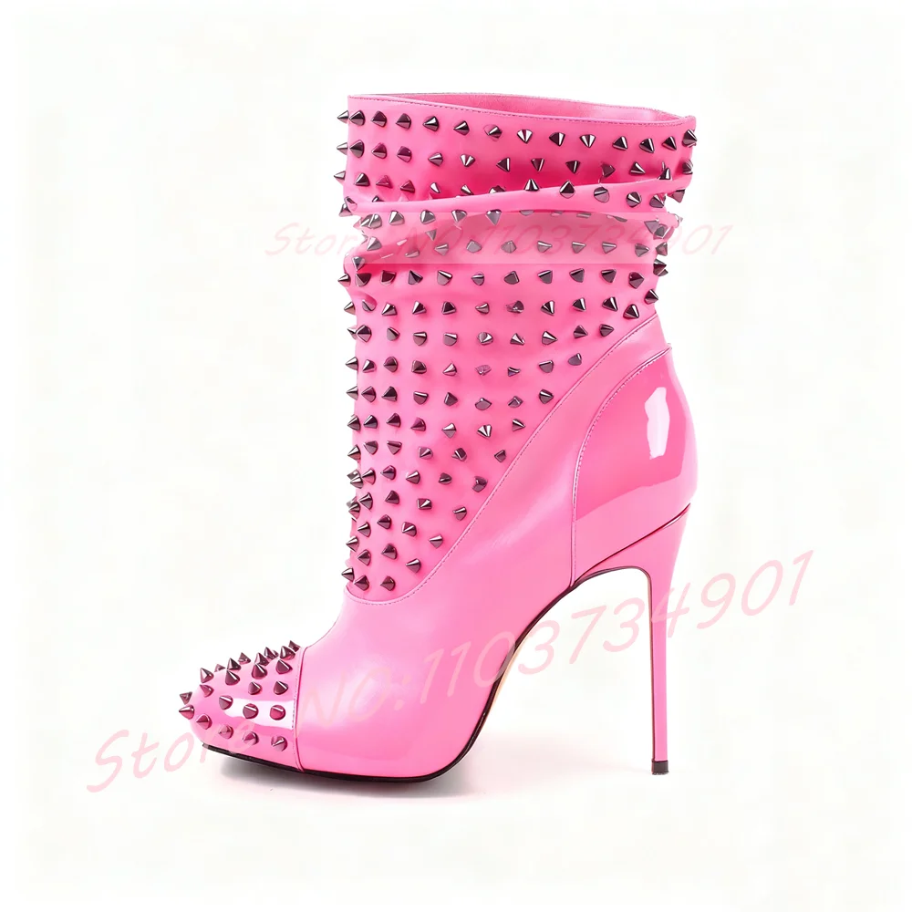 

Замшевые ботильоны на высоком каблуке с шипами, женские роскошные лоскутные носки, ботинки с заклепками и заклепками, женские пикантные изящные блестящие ботинки с круглым носком