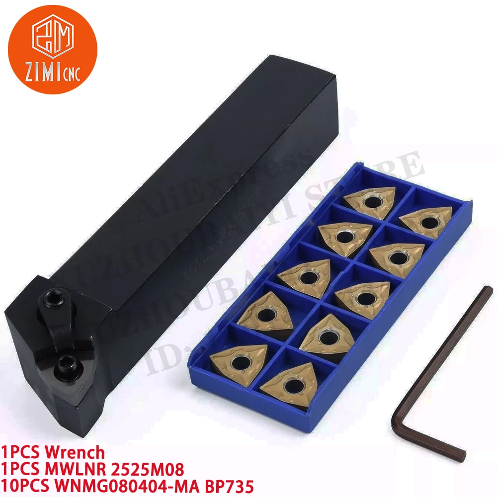 1PCS MWLNR2525M08 25mm Lathe Turning Tool Holder + 10PCS WNMG080404 Carbide Inserts CNC tool metal lathe mechanical cutting tool