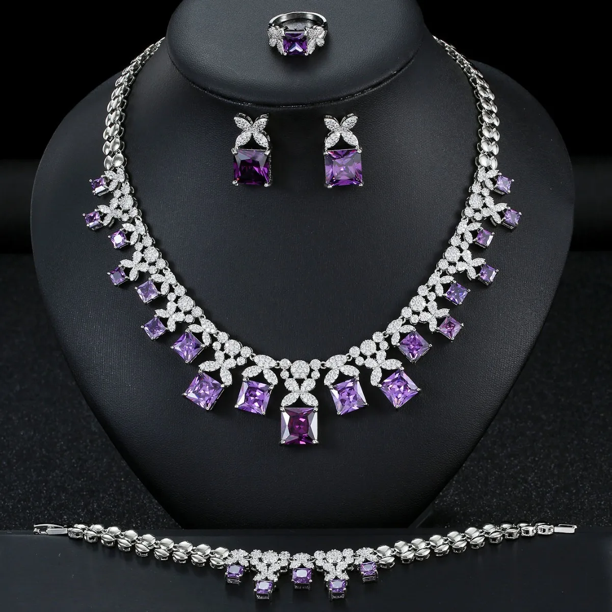 4pcs Jewelry Set Luxury Zirconia Purple Green Block Pendant Necklace Earrings Wedding Party jewelry sets