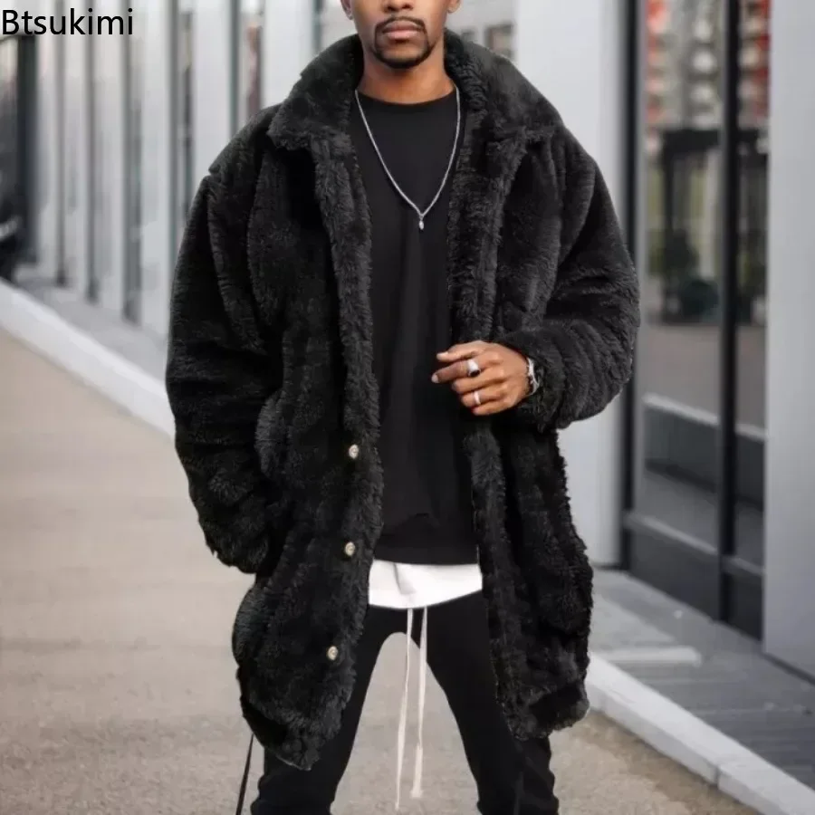 Autumn Winter Men\'s Mid-length Style Plush Jacket Fashion Casual Fluffy Warm Coat Male Solid Tops Loose Thermal Jacket Outerwear