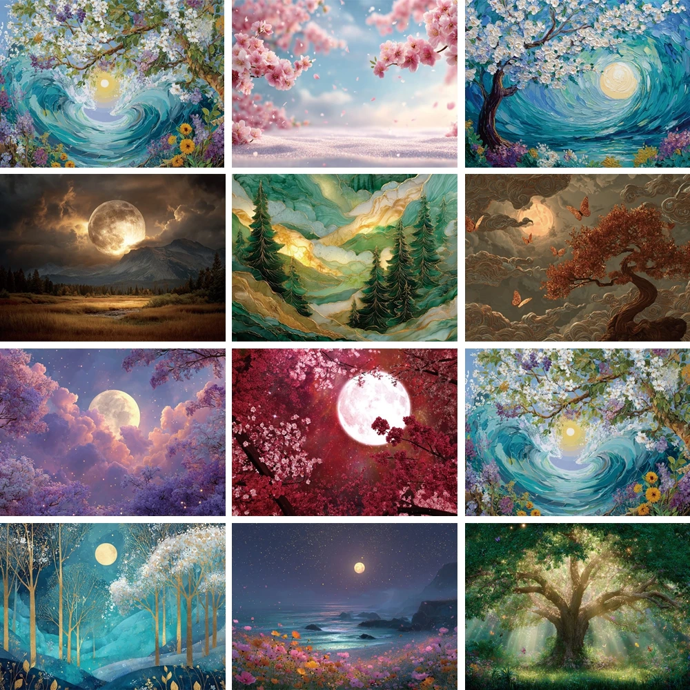 

MOON.QG Wave Sun Photography Background Mountain Landscape Pink Blossom Field Nature Scenery Backdrop Child Studio Photobooth