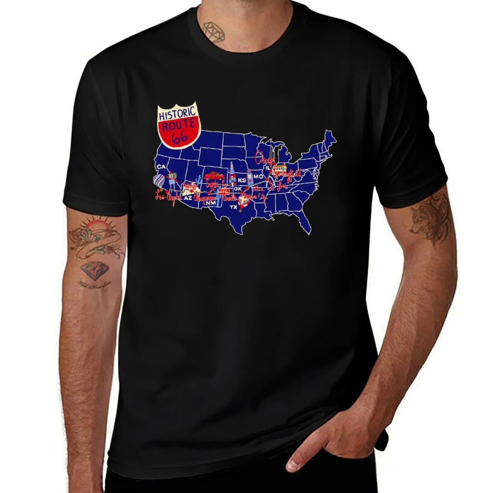 Historic Route 66 Map Blue T-Shirt Big Size Simple T-Shirt
