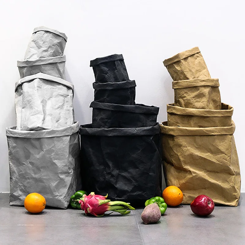 1 قطعة كيس ورقي سميك من جلد البقر صديق للبيئة قابل للطي وقابل للغسل حقيبة تخزين منزلية للنباتات والفواكه والخضروات