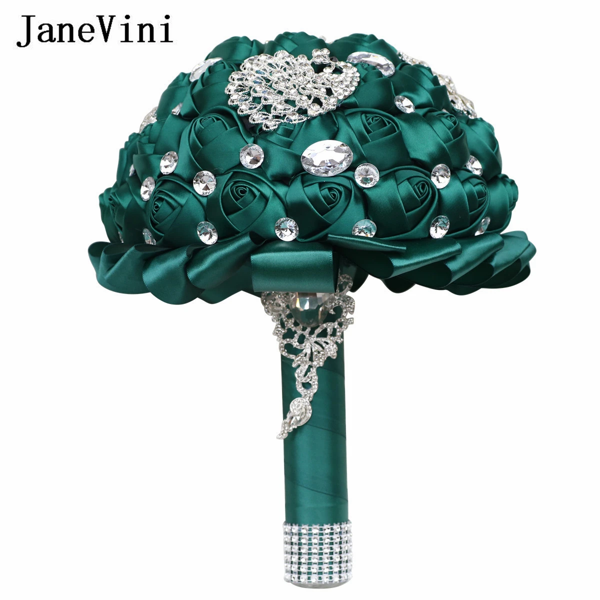 JaneVini Bling Bling Rhinestone Dark Green Bridal Bouquets for Wedding Butterfly Crystal Bride Flower Graduation Bouquet Vintage