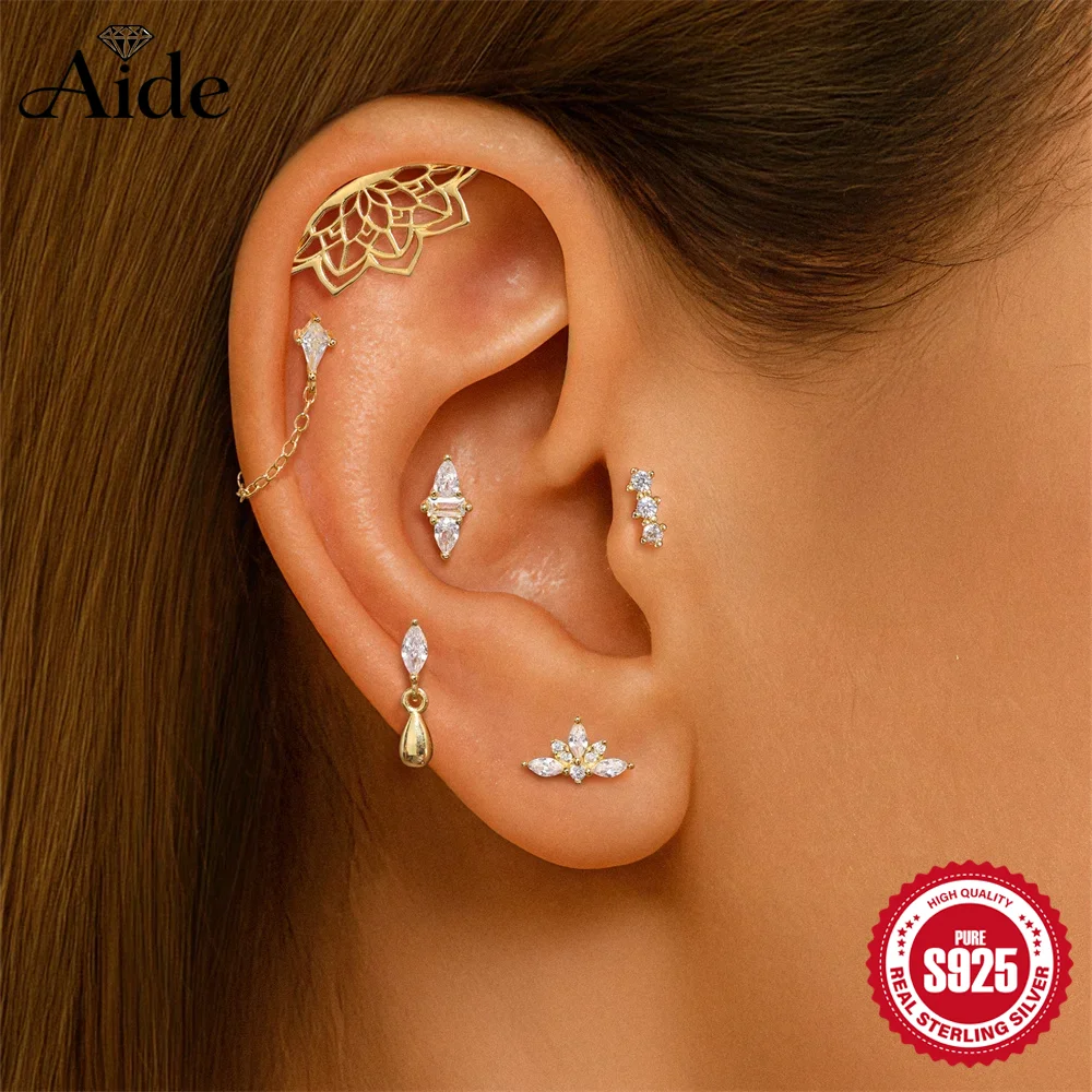 AIDE 1PC 925 Sterling Silver Hollow Lotus Piercing Earrings CZ Paved Threaded Labret Ear Stud Tragus Lip Ring Body Piercing Stud