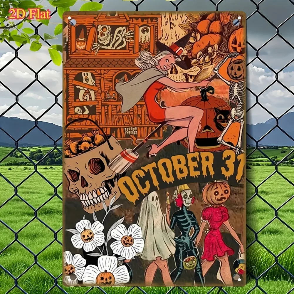 2D flach, 1 Stück Vintage Halloween Metallschild Plakette |   Gruselige Hexe, Skelett und Kürbis-Design |   20,3 x 30,5 cm große Eisenwandkunst