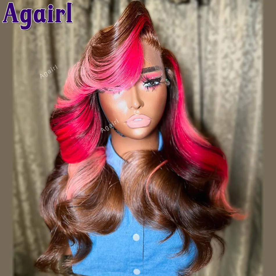 

Highlight Pink Red 13x4 13x6 Lace Frontal Human Hair Body Wave Wigs Pre Plucked For Women Transparent 6X4 Lace Closure Wigs 200%