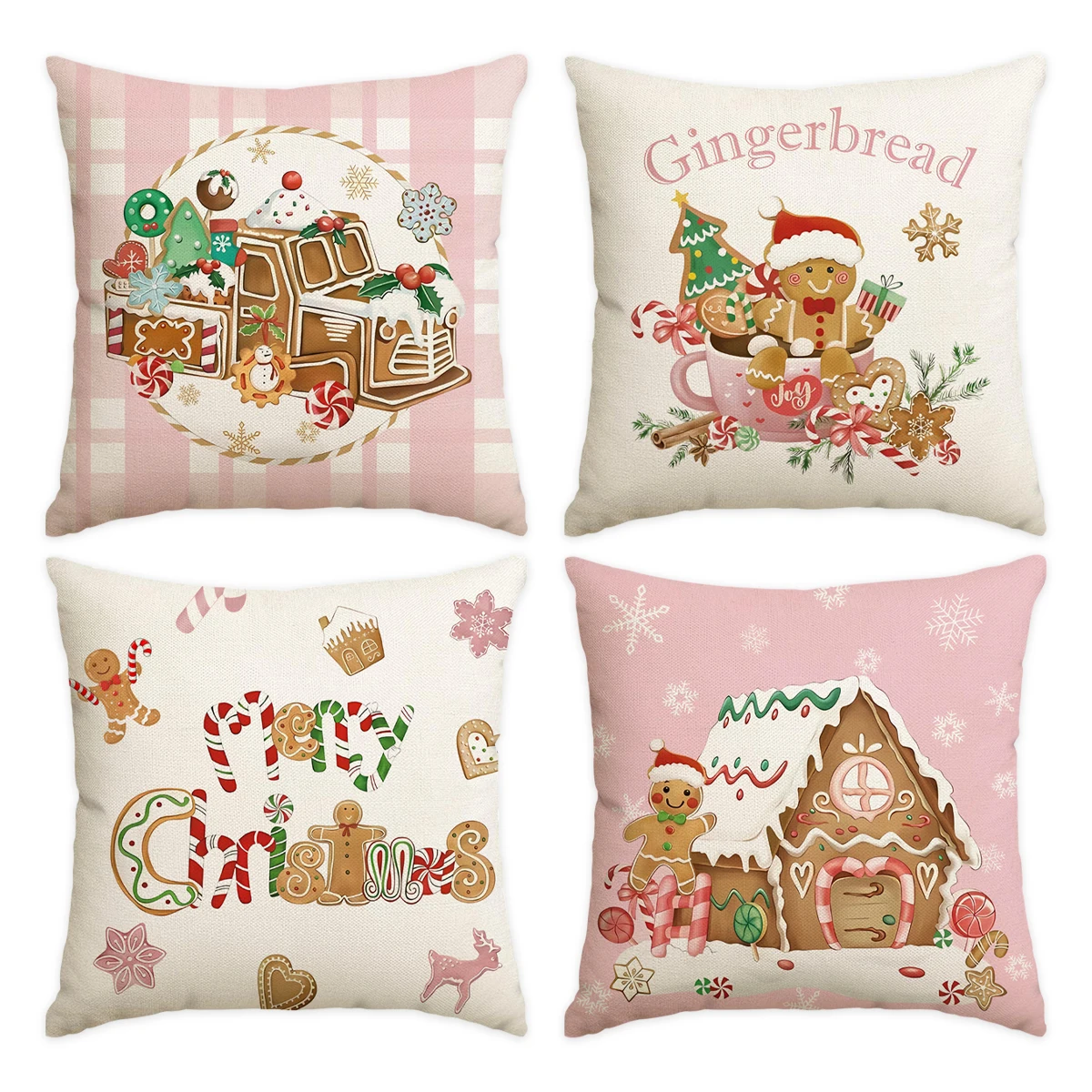 1/4 Stück Weihnachtskissenbezug, Lebkuchen-Backhaus, Zuckerrohr, Süßigkeiten-Kissenbezug, Winterurlaub, Heimdekoration, Kissenbezug