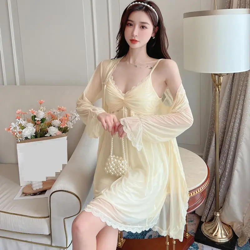 Sexy 2PCS Robe Nightdress Set Womens Mesh Bathrobe Suit Summer Kimono Sleepwear Chemise Nightgown Lace Home Gown Loungewear