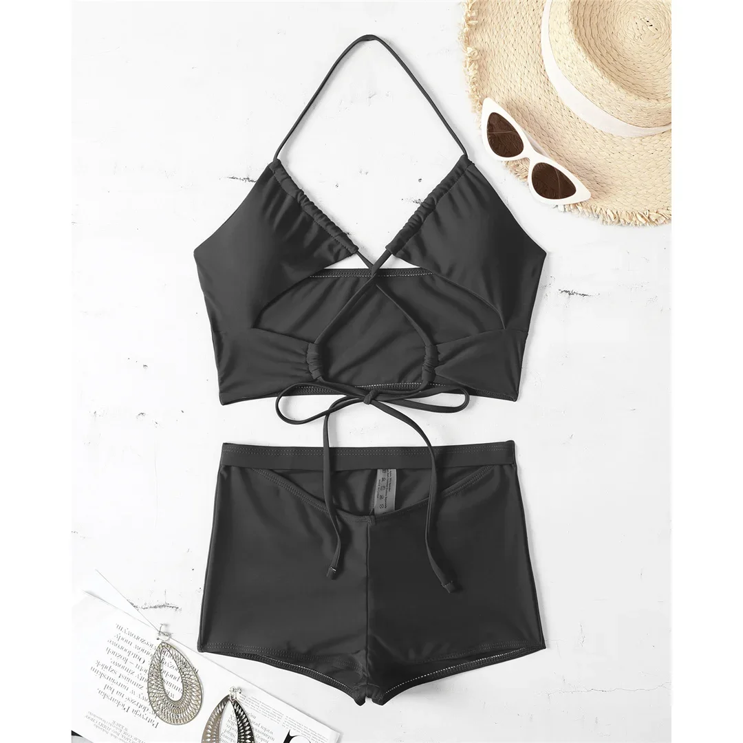

Halter Shorts High Waist Bikini Female Swimsuit Women Swimwear Two-pieces Bikini set Cut Out Bather Bathing Suit Swim Lady K3325