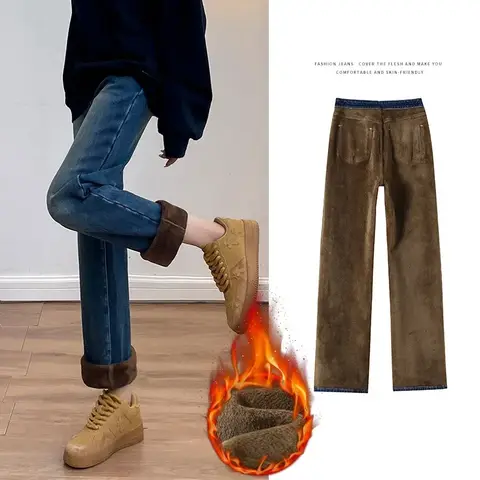 Jeans in velluto di visone da donna ispessito invernale Pantaloni larghi dritti caldi in morbido pile Moda elastica a vita alta Pantaloni femminili Nero Blu