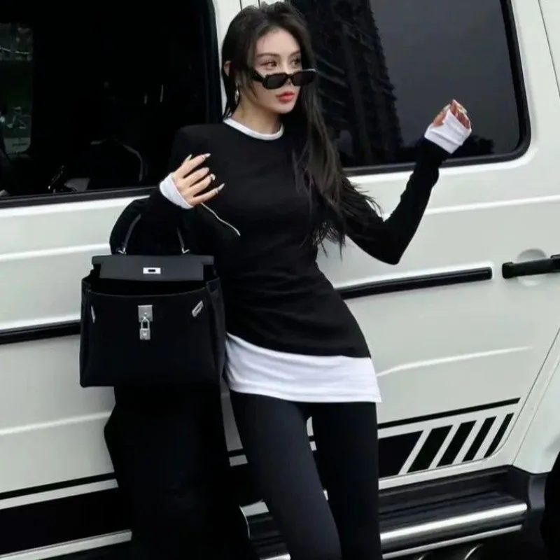 

Women's Mid-Length Long Sleeve T-Shirt Autumn Winter New Style Pleated Waist Slim Layer Base Top TT258