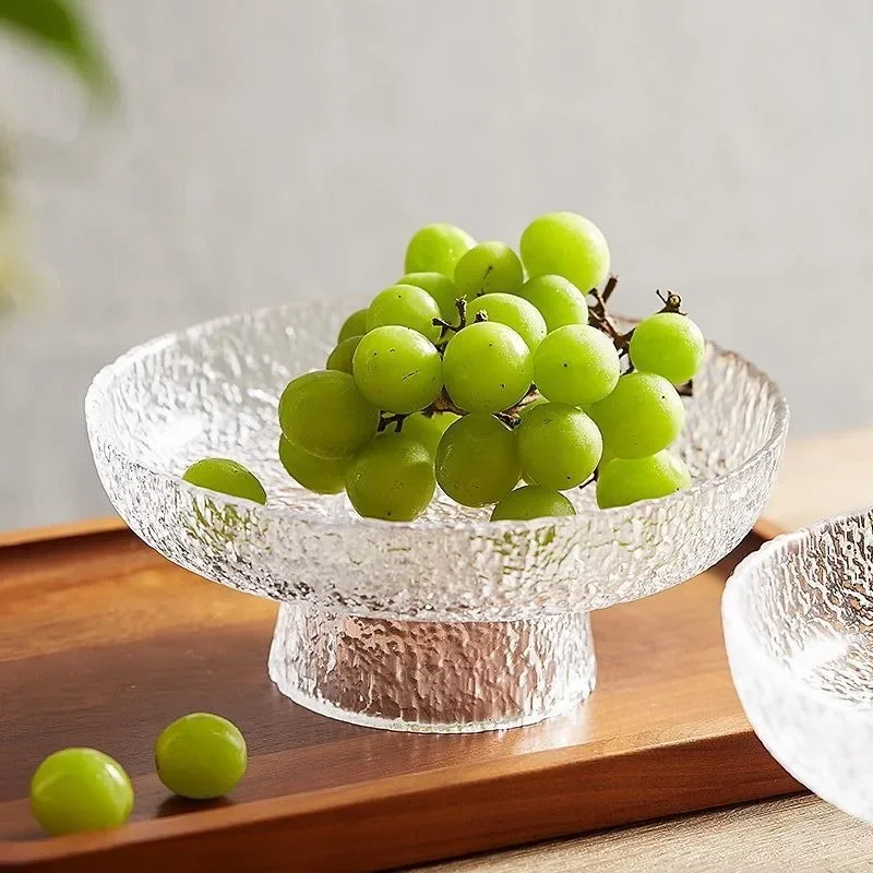 

Hammered Pattern Glass round Exquisite Fruit Plate High-Grade Japanese Snacks Tray Minimalist Creative High-Legged Tea Plate
