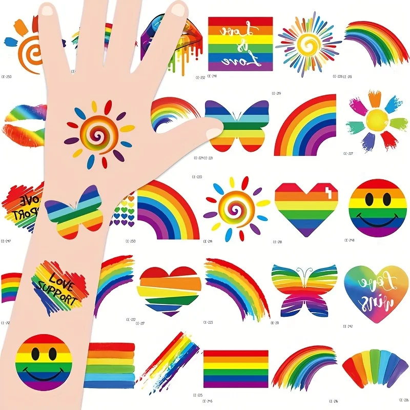 

30pcs Rainbow temporary tattoo stickers, butterfly, flower, heart, star, waterproof. Pride Day celebration, suitable for men and