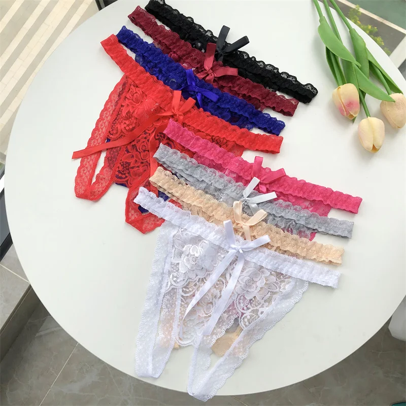 Customized G-String Panties Crystal Letters Personalized Name Women's Sexy Lace Open Crotch Underwear Erotic Thong Bikini