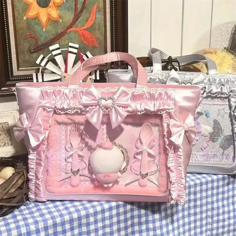 Ita-Tasche mit Klarsichtfenster für Abzeichen, Pins und Puppen, Japanische Süße Niedliche Satin-Schleife mit Spitzenbesatz, Große Kapazität Handtasche – Detail 7