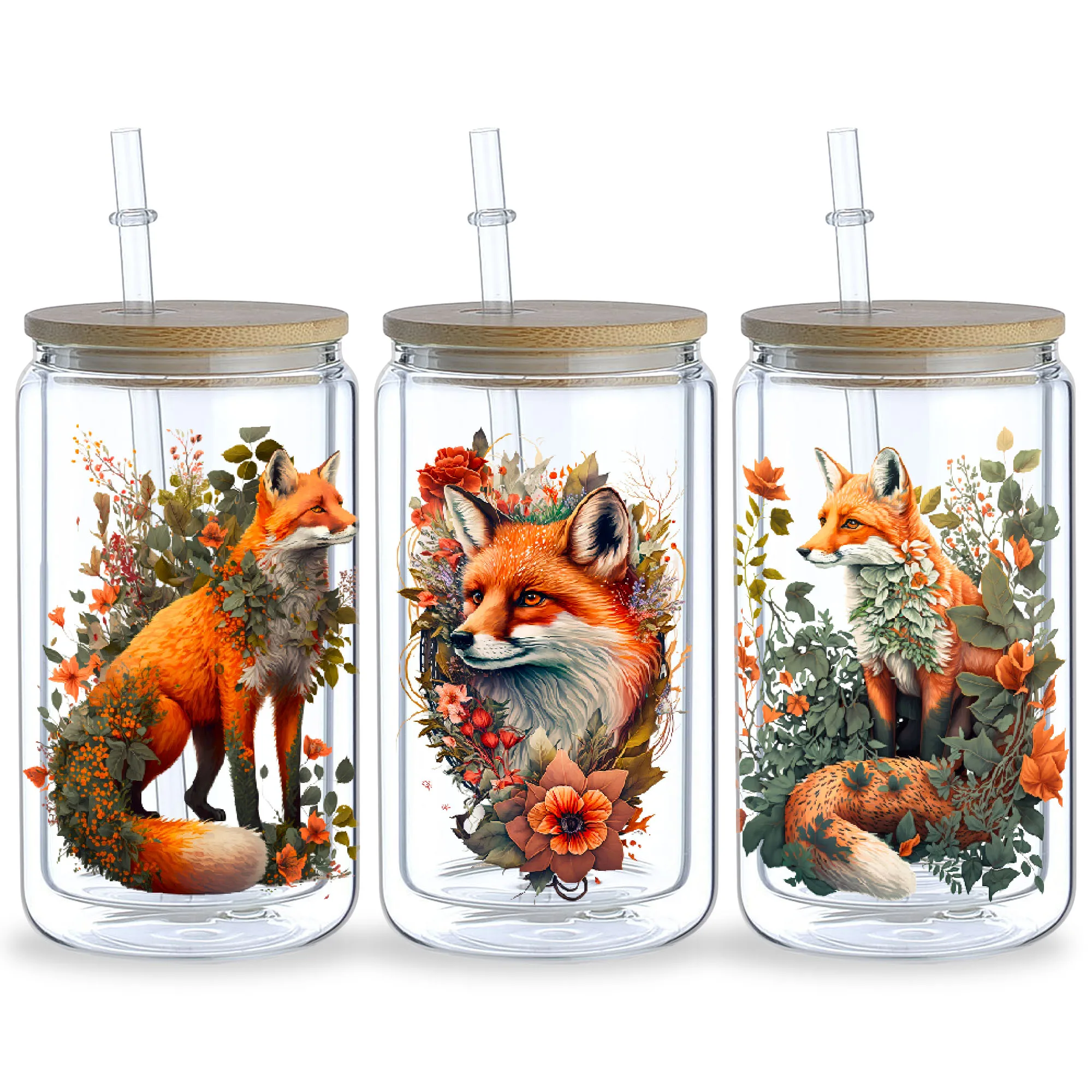 5 sheets fox UV DTF cup packaging for 16oz glass cup, waterproof and elegant fox stickers suitable for 16oz glass cup, DIY