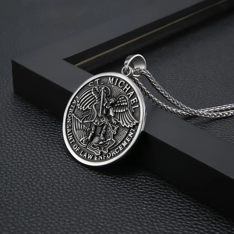 Men's 316L Stainless Steel Saint Michael Protect Us Round Medal Pendant Necklace Never Fade Christian Jewelry Gifts Dropshipping