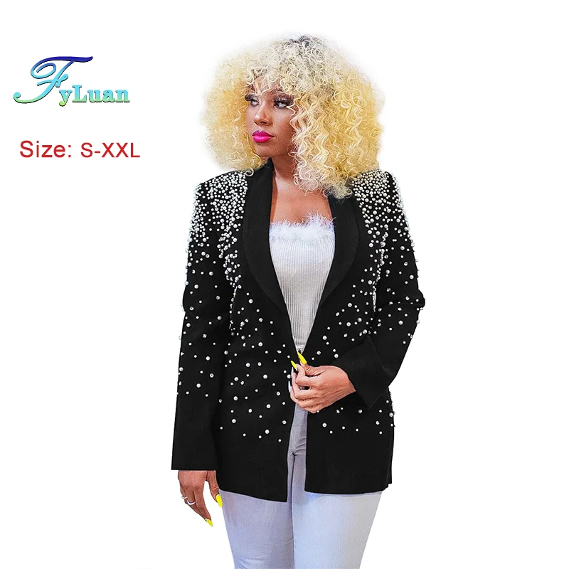 

New Elegant Women Long Sleeve Beaded Work Blazer Coat Fashion Temperament Shawl Collar Plain Long Sleeve Office Work Blazer Coat