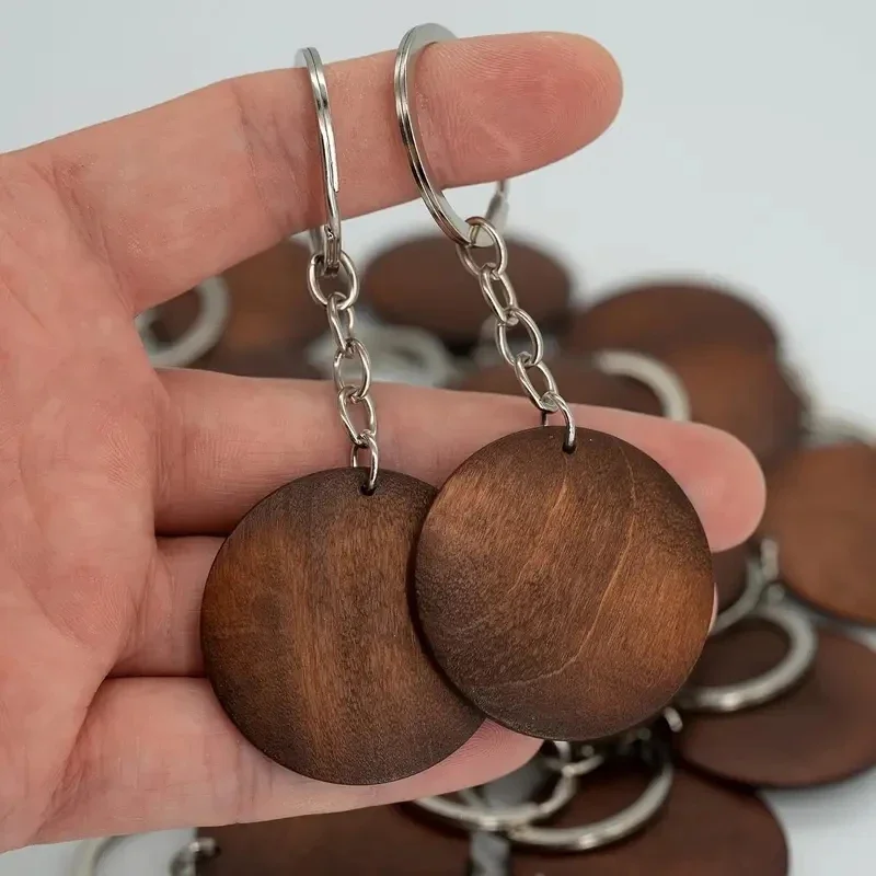 10Pcs Wooden Engraved Keychains, Vintage Round Disc Wood Circle Key Rings, DlY Blank Key Tags for DlY Crafts