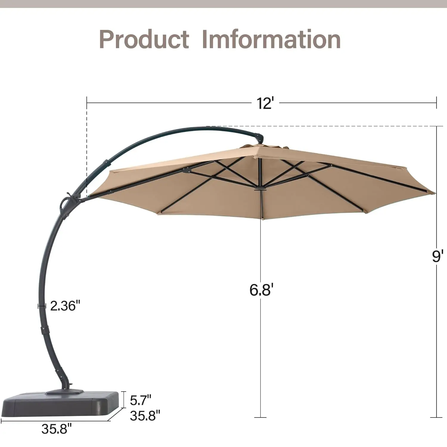 12ft Patio Cantilever Umbrella with Base Included, Outdoor Curvy Round Offset Umbrella, Heavy Duty Aluminum, Customized