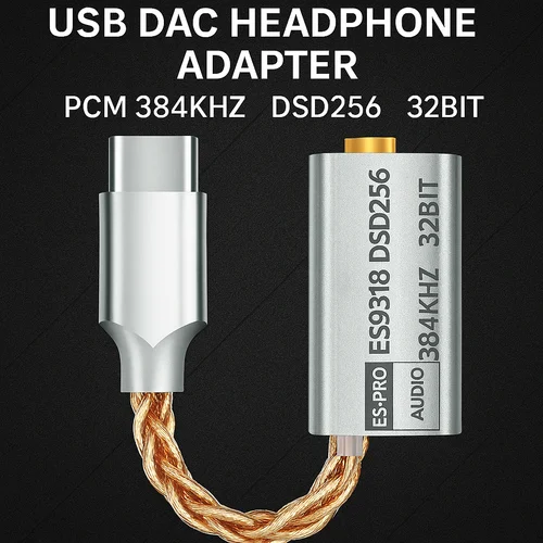 Imagen 2 del producto Amplificador de auriculares USB DAC ES9318 DSD256 tipo C a adaptador de Audio de 3,5mm 32 bits 384kHz para auriculares Android Phone Laptop PC