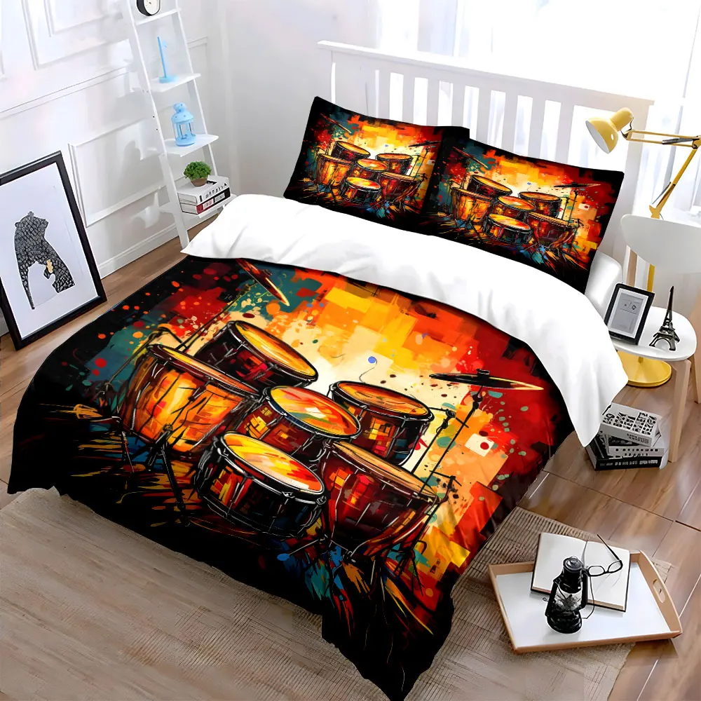 Colorful Abstract Drum Set Artwork Print Bedding Set 1 Duvet Cover 2 Pillowcases for Adult and Children Luxury Gift Full Size