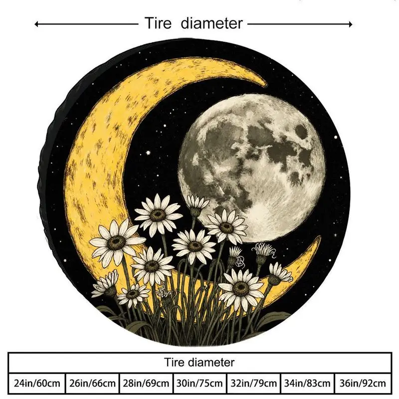 Moon And Daisy Spare Tire Cover Vintage Style Polyester Fiber Protector For RVs SUVs Trucks