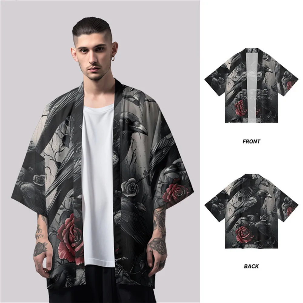 

Japanese Kimono Yukata Samurai Kimono Flower Bird Print Shirt Clothing Harajuku Cardigan For Men Traditional Haori Kimono Women