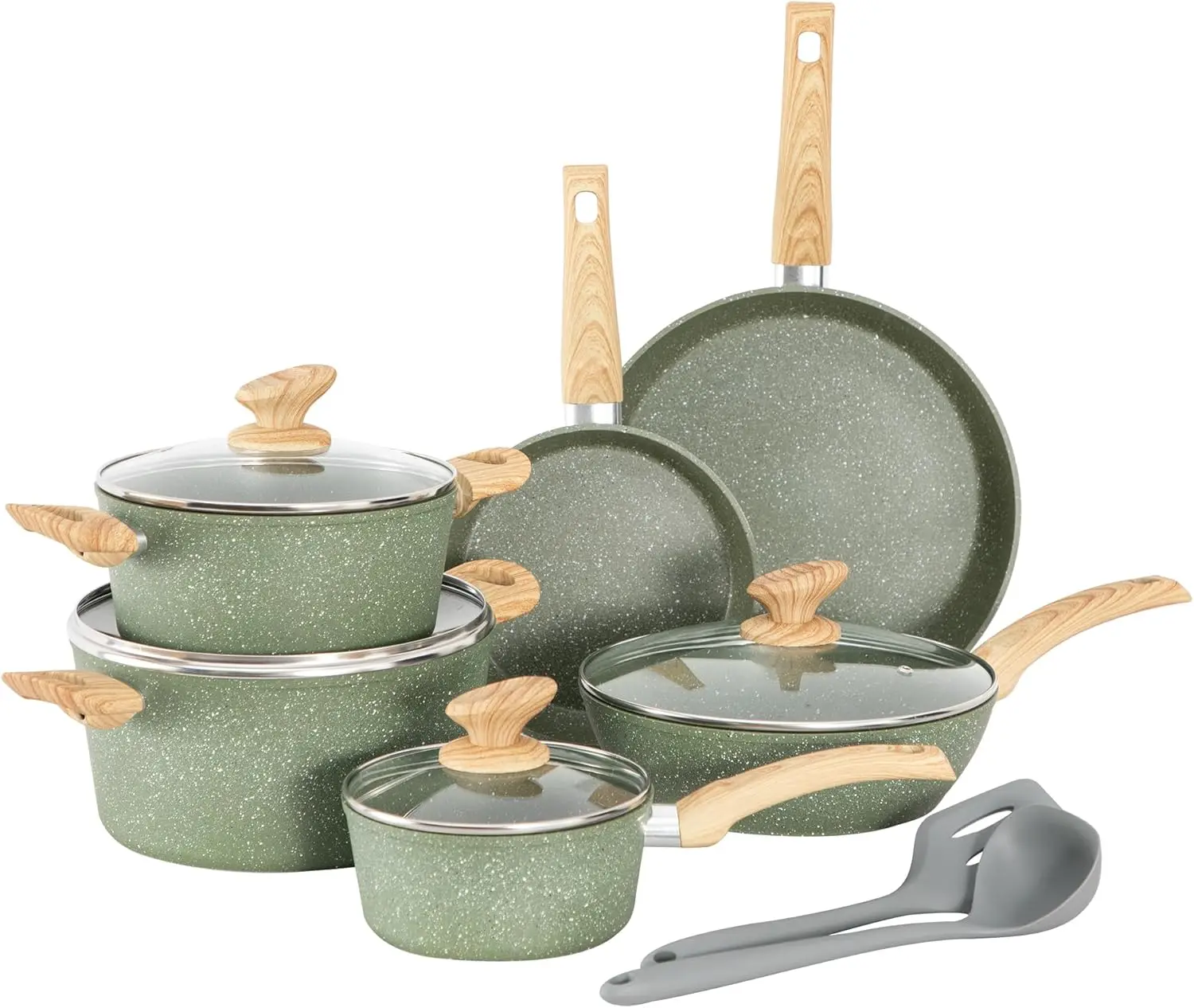 

Pots and Pans Set Non Stick, 12 Piece Green Granite Kitchen Cookware Induction Compatible, Pot and Pan Sets for