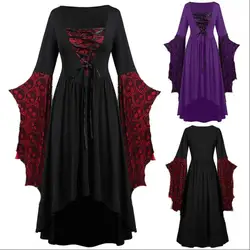 Donne Halloween Renaissance Witch Dress Skull Print manica svasata Costume medievale Gothic Goth Plus size Vintage Fancy Vestido