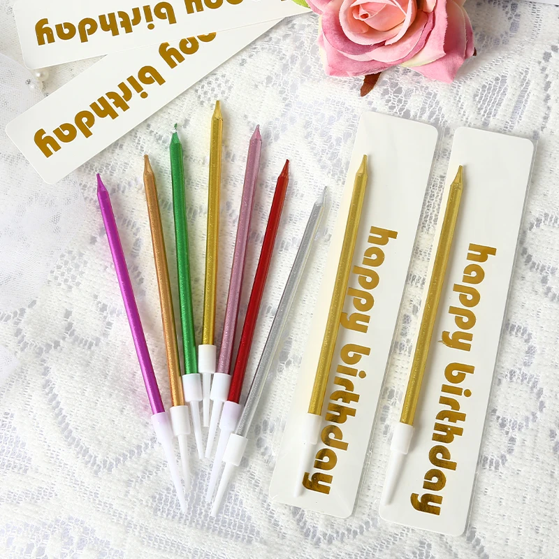 50pcs/lot Coloful Long Thin Pencil Candles Safe Flame Metallic Cake Candle For Kids Adult Birthday Party Wedding Decors Supplies