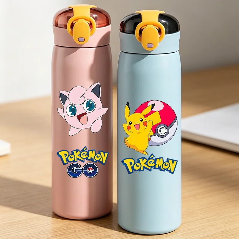 Anime Pokemons Drinking Bottle 460ml Portable Thermo Mug with Straw Men Stainless Steel Cartoon Vacuum Flasks Thermal Water Cup