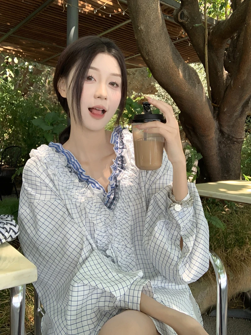 Loose V-neck Shirt Women's Early Autumn Blue White Plaid Bubble Sleeve Long Sleeve Sun Protection Top Korean Style Lazy Style