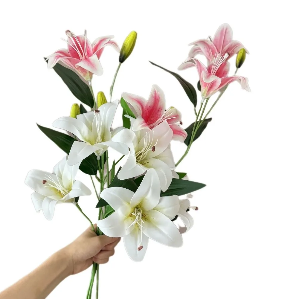 New 2-head Artificial Lily Flowers White Real Touch Fake Lily Branches Multi-Bloom Pink Artificial Faux Plants Home Decor
