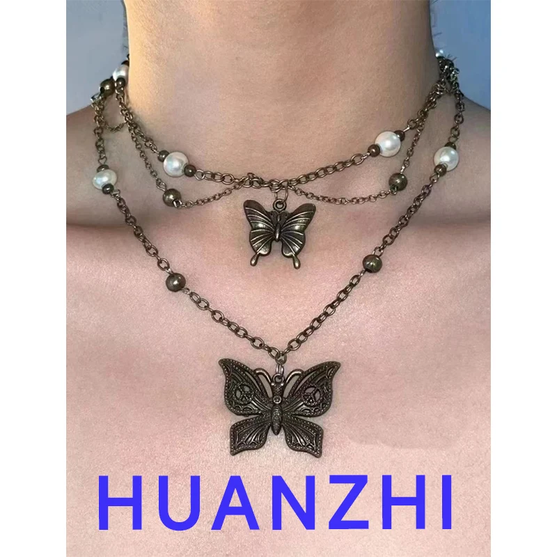 HUANZHI 2pc/set Multilayer Vintage Butterfly Pearl Pendant Necklace French Elegant Sexy Choker Fashion Charm Jewelry For Women